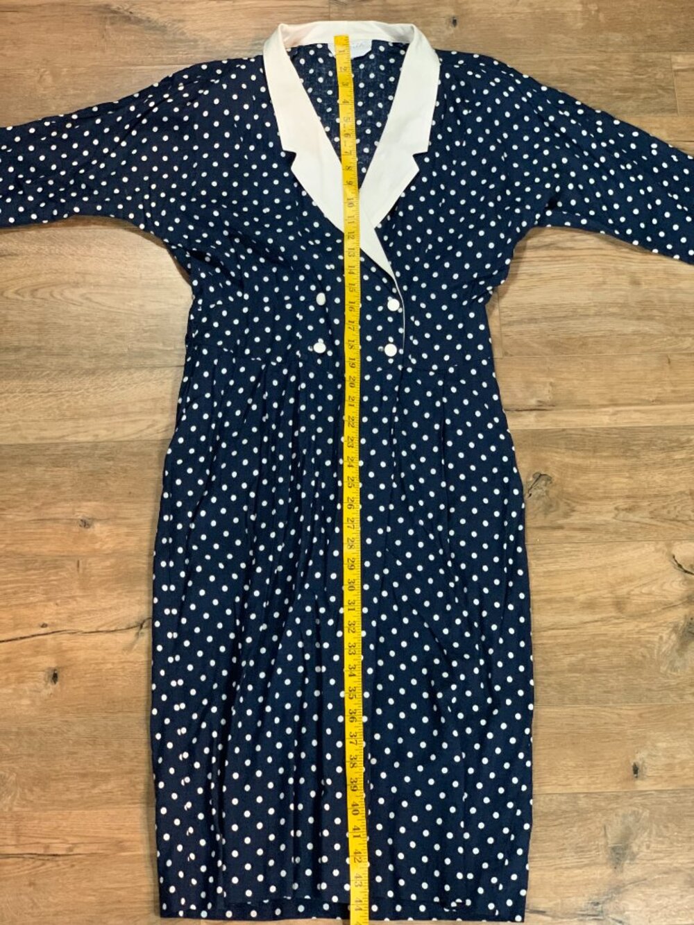 Vintage 90s Polka Dot Dress Navy White Double Breasted Modest Rockabilly Sheath - Picture 13 of 13